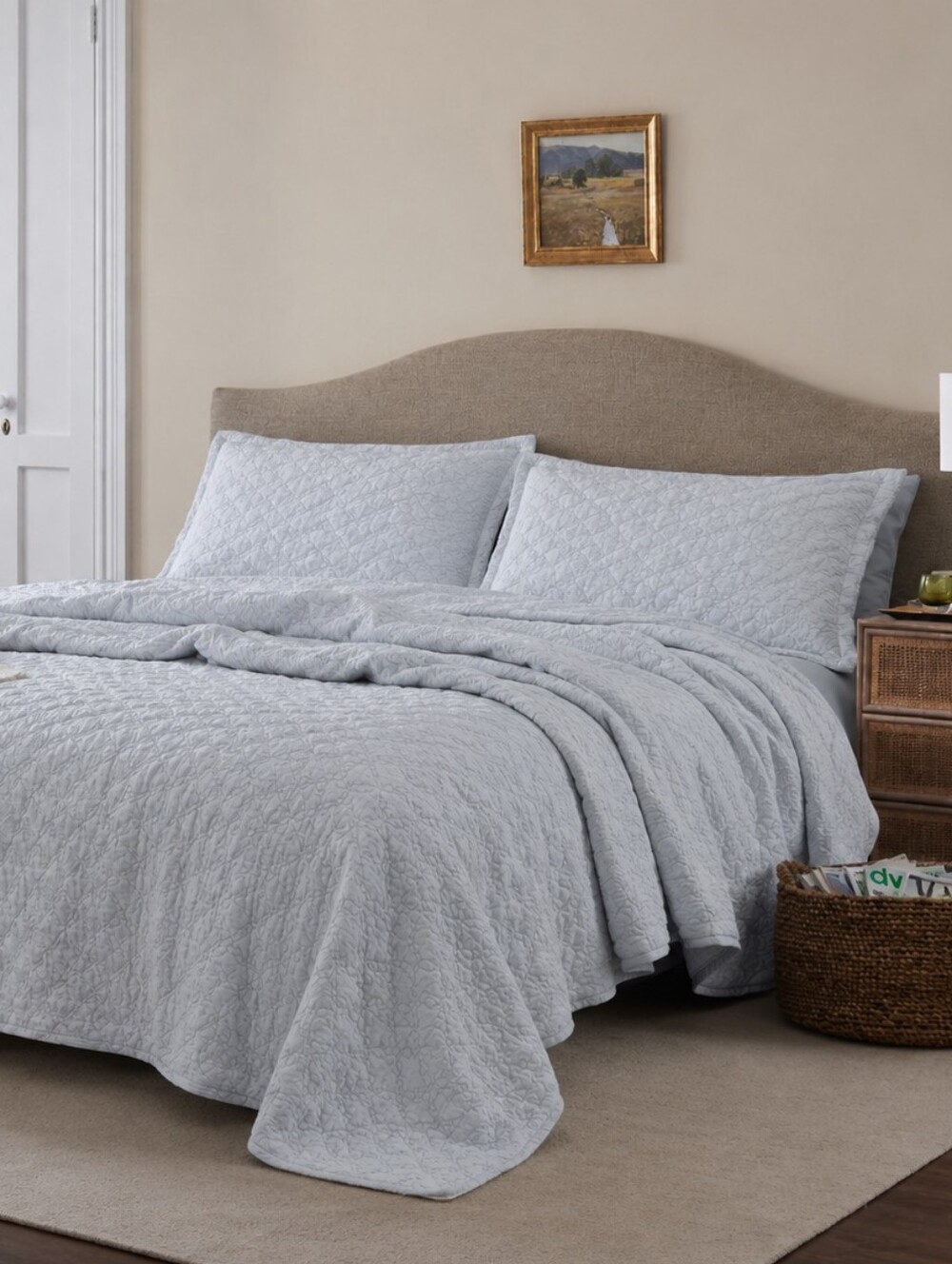 VINTAGE King Duvet Cover Quilted Cotton Calm Blue Grey Sham 3pc Set